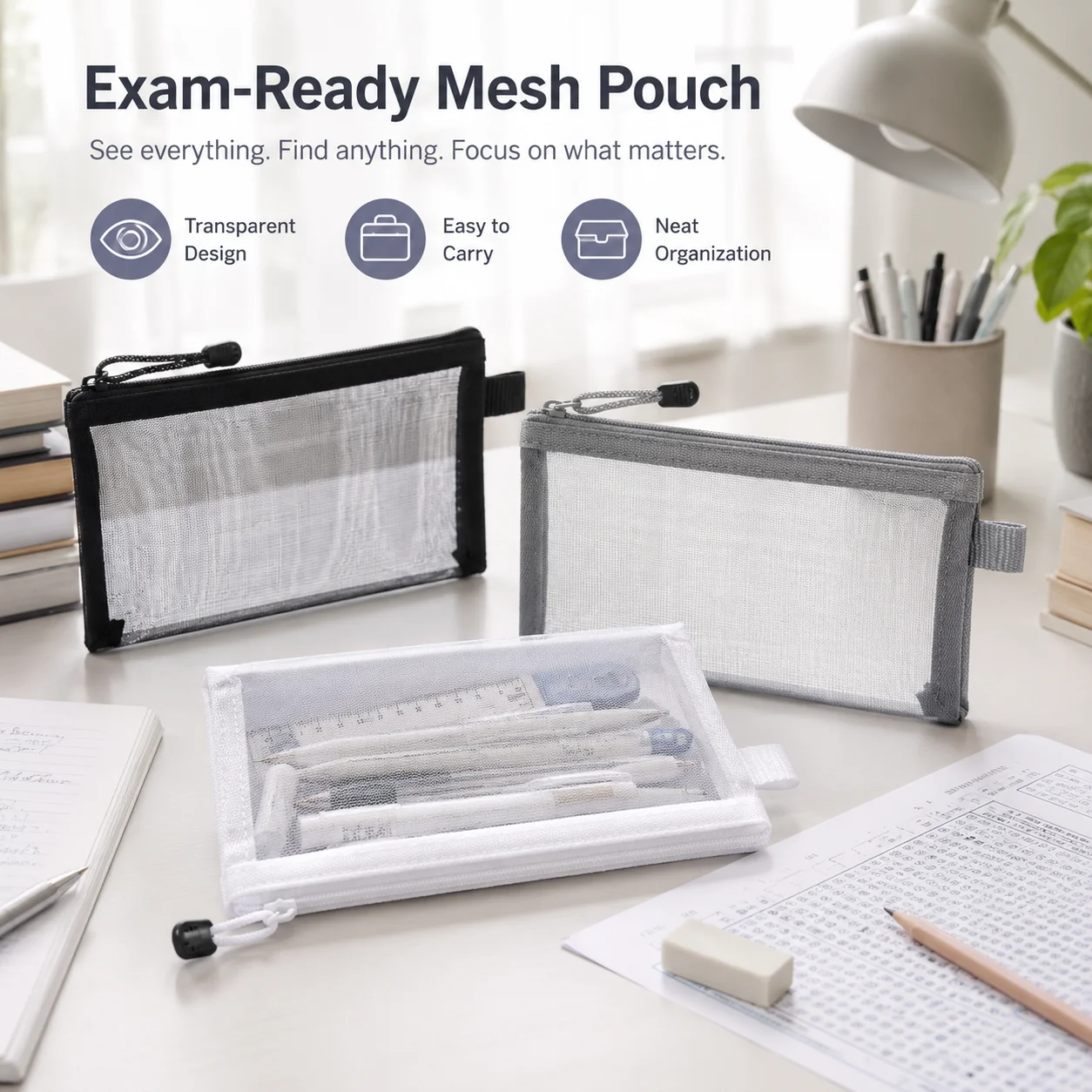 Clear Mesh Pencil Pouch For Exam - Прозрачный сетчатый пенал на молнии для
