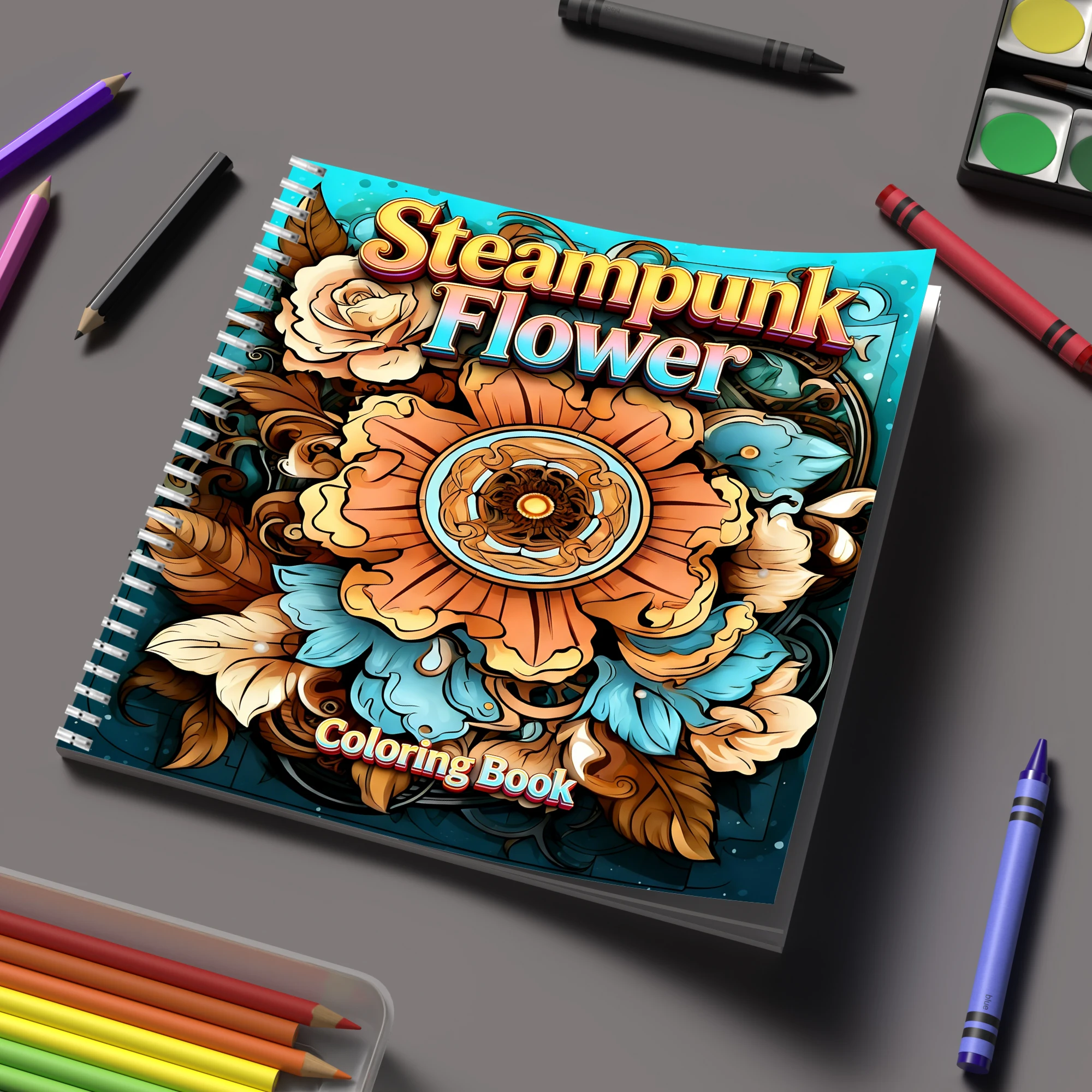 School Supplies - Книга-раскраска «Цветы в стиле стимпанк» для
